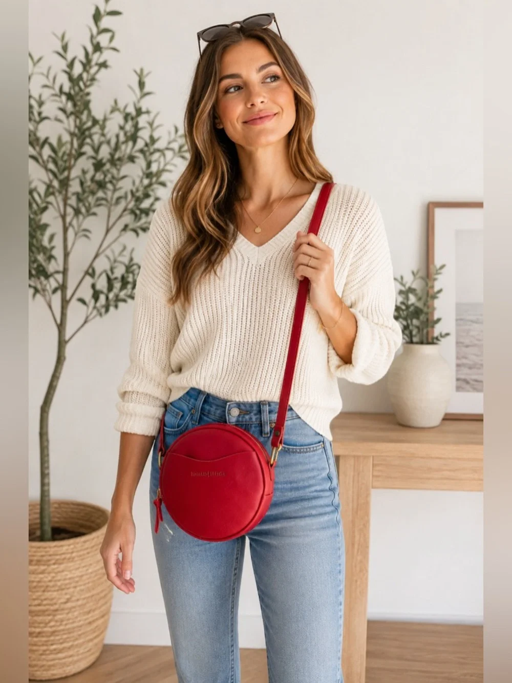 Portland Leather Red Round Circle Crossbody Bag NWT Genuine Leather